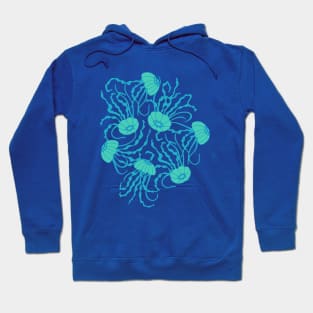 JELLIES Gently Swimming Jellyfish Coastal Ocean Undersea Aquarium Sea Creatures in 1970s Retro Turquoise on Blue - UnBlink Studio by Jackie Tahara Hoodie